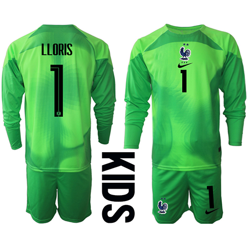 Camisa de time de futebol França Hugo Lloris #1 Goleiro Replicas 2º Equipamento Infantil Mundo 2022 Manga Comprida (+ Calças curtas)